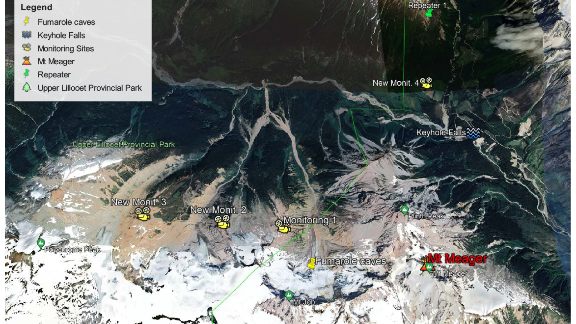 Map of Mt. Meager monitoring sites