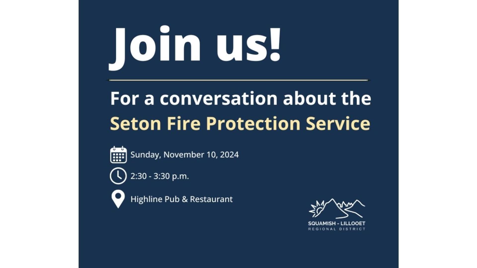 Seton Fire Protection Services meeting November 10 2:30 to 3:30pm at Highline Pub