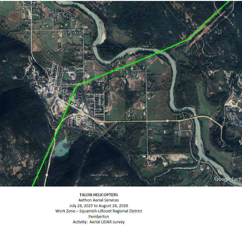 Map of Pemberton outlining helicopter path for aerial services